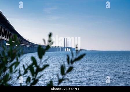 Panoramic view of Oresund bridge in the morning over the Baltic sea Stock Photo