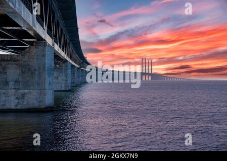Panoramic view of Oresund bridge during sunset over the Baltic sea Stock Photo