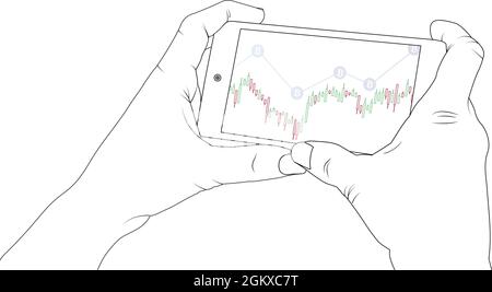 Economy on phone screen, Smartphone, bitcoin, financial graphic, chart, using a phone, economy vector stock illustration. Stock Vector