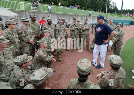 U.S.A. team manager SCIOSCIA Mike (L, 54) attends an opening ceremony ahead  of the Baseball Gold Medal Game against Japan at Yokohama Stadium in  Kanagawa Prefecture on Aug. 7, 2021. ( The