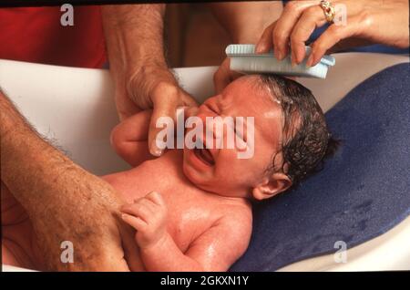 ©1994 Babies: Three week old baby boy gets a bath by grandparents, Austin, TX  MR EI-0001 Stock Photo