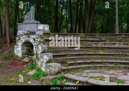 A half-ruined staircase and a sculpture of the Sphinx in the old Pekhra-Yakovlevskoye estate in Balashikha, Russia. Stock Photo