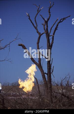 ©1992 Natural gas explosion in Brenham, Texas April 7, 1992 that tore through a rural countryside and killed 3 people and cause 9 million dollars damage. Stock Photo