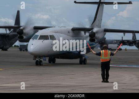 A C-146A Wolfhound assigned to the 524th Special Operations Squadron prepares for departure during the AFSOC Technology, Acquisition, and Sustainment Review at Hurlburt Field, Florida, July 21, 2021. AFSOC TASR is an AFMC and Assistant Secretary of the Air Force for Acquisition, Technology & Logistics review of current and future AFSOC capabilities supporting prospective acquisitions and shaping the future force. Stock Photo