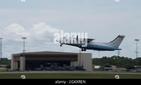 A C-146A Wolfhound assigned to the 524th Special Operations Squadron takes off for a training sortie during the AFSOC Technology, Acquisition, and Sustainment Review at Hurlburt Field, Florida, July 21, 2021. AFSOC TASR is an AFMC and Assistant Secretary of the Air Force for Acquisition, Technology & Logistics review of current and future AFSOC capabilities supporting prospective acquisitions and shaping the future force. Stock Photo