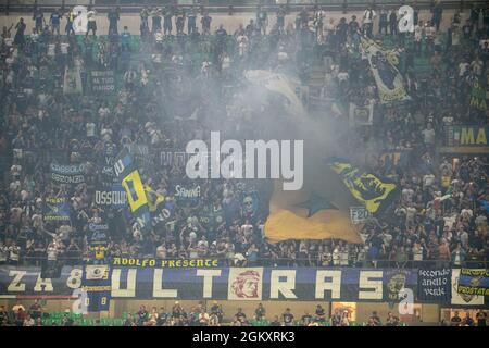 Milan, Italy - september 15 2021 - f.c. inter supporters in curva nord at Inter- Real Madrid champions league Credit: Christian Santi/Alamy Live News Stock Photo