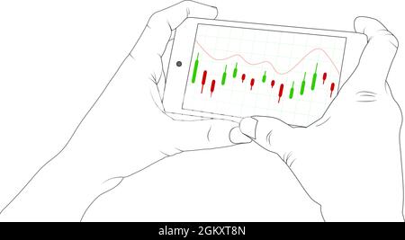 Economy on phone screen, Smartphone, bitcoin, financial graphic, chart, using a phone, economy vector stock illustration. Stock Vector