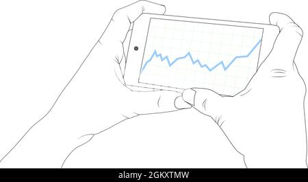 Economy on phone screen, Smartphone, bitcoin, financial graphic, chart, using a phone, economy vector stock illustration. Stock Vector