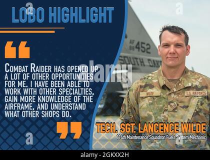 Photo Illustration created using Adobe Photoshop as a social media graphic to highlight an outstanding member of the 114th Fighter Wing who gained skills from another craft during Combat Raider 2021 on Ellsworth Air Force Base, S.D., July 21, 2021. One objective of the 114th Fighter Wing during Combat Raider was to exercise their ability to generate combat air power using a lean aviation package. Stock Photo