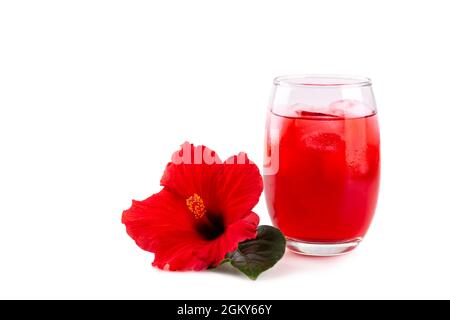 Cold refreshing hibiscus iced ted in a glass with red flower, copy space horizontal Stock Photo