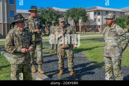 Major General John Richardson,1st Cavalry Division commander, speaks to Troopers of the 8th Brigade Engineer Battalion, 2nd Armored Brigade Combat Team, 1st Cavalry Division, during the start of the unit’s People First Focus Week, on Fort Hood, TX, July, 26, 2021.    MG Richardson demonstrated the words spoken during his assumption of command ceremony last week were genuine, as the division commander participated in the first day of a battalion event focusing on the improvement and care of Troopers as people. “Wars may be fought with weapons, but they are won by people. People who make up team Stock Photo