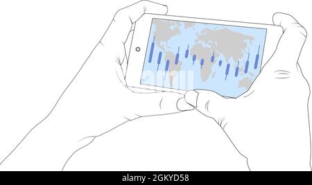 Economy from phone screen, Smartphone, bitcoin, financial graphic, chart, using a phone, economy. Stock Vector