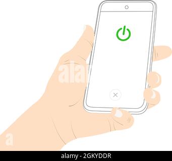 Show the phone, screen, power on, turn on,  activate, button, push, holding smartphone stock vector illustration. Stock Vector