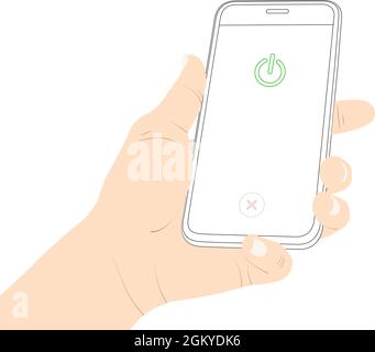 Show the phone, screen, power on, turn on,  activate, button, push, holding smartphone stock vector illustration. Stock Vector
