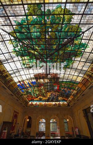Guernica, Spain - 11 Sept 2021: The Tree of Gernika stained glass ceiling in the Assembly House (Casa de las Juntas), Gernika (Guernica), Basque Count Stock Photo