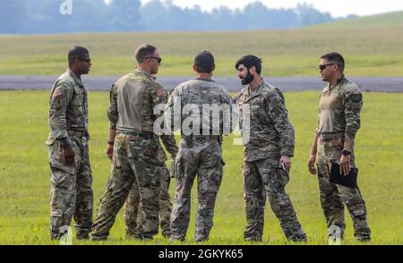 Green berets assigned to the 5th Special Forces Group (Airborne) conduct a series of High Altitude-Low Opening (HALO) airborne operations on Fort Campbell, KY, from July 27, 2021 to July 29, 2021. The 101st Airborne Division provided the aircrafts that were used during these events, to include: the UH-60 Black Hawk and the CH-47 Chinook. Stock Photo