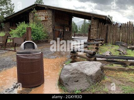 Buffalo Park provides quick shelter during heavy rainfall July 30 in Flagstaff, Arizona. Buffalo Park is located at the Southwest base of Mount Elden. The Museum Fire in 2019 burned a large section of forest above East Flagstaff, along the Mount Elden range. Because of continuing drought, the mountainside vegetation has not recovered, allowing the heavy rainfall to create severe flooding and debris flows downstream. Stock Photo