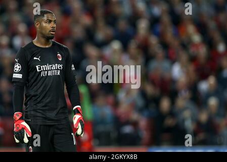 Liverpool, UK. 15th Sep, 2021. AC Milan Goalkeeper Mike Maignan looks on. UEFA Champions league, group B match, Liverpool v Milan at Anfield Stadium in Liverpool on Wednesday 15th September 2021. this image may only be used for Editorial purposes. Editorial use only, license required for commercial use. No use in betting, games or a single club/league/player publications. pic by Chris Stading/Andrew Orchard sports photography/Alamy Live news Credit: Andrew Orchard sports photography/Alamy Live News Stock Photo