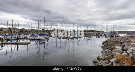 Scenic View of Marina with Sailboats on the Pacific Ocean Stock Photo