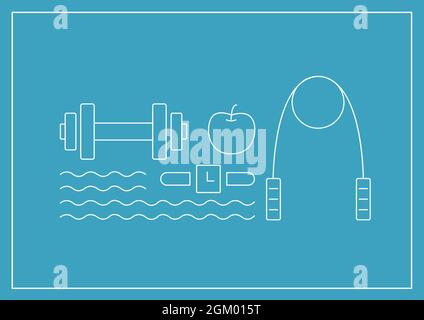 Digitally generated image of dumbbell, apple and skip ropes icons against blue background Stock Photo