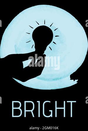 Bright text with hand holding a light bulb over round blue banner against black background Stock Photo