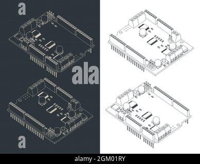 Stylized vector illustration of isometric blueprints of DC and Stepper motor shield for Arduino Stock Vector
