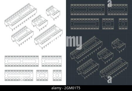 Stylized vector illustrations of blueprints of DIP sockets mini set Stock Vector