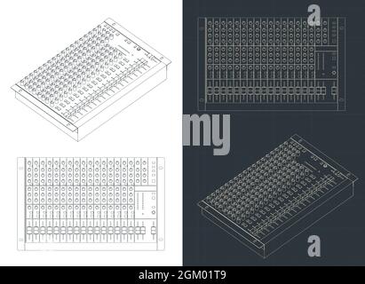 Stylized vector illustration of blueprints of professional audio mixer blueprints Stock Vector