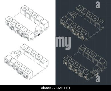 Stylized vector illustration of isometric blueprints of Arduino UNO shield Stock Vector