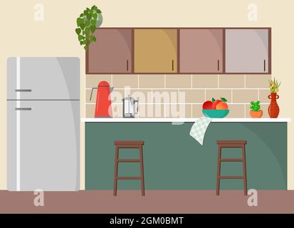 Simple kitchen interior with refrigerator, kitchen cabinets, table and chairs.  Stock Vector