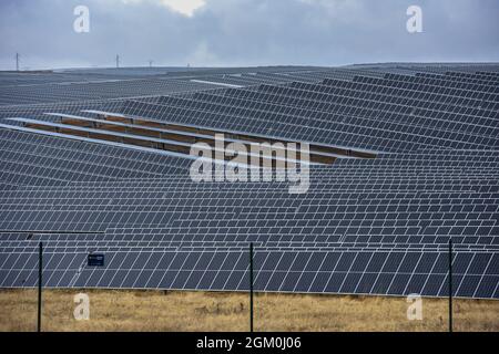 Ceclavon, Caceres, Spain. 15th Sep, 2021. The CeclavinÂ´s photovoltaic plant built and managed by Iberdrola with 850000 modules and the final power will be 328MW.The Spanish Government announced an investigation against the energetic company, Iberdrola, due to the sudden emptying of two hydroelectric reservoirs: Ricobayo (Zamora) and ValdecaÃ±as (CÃceres), during the peak of the price of the energy production. Iberdrola shot up hydroelectric energy production by 37.9% during the first half of the year. Now there is a third possible case under investigation, the Spanish second biggest hydr Stock Photo