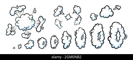 Comic boom smoke effect. Row of steam clouds and puff shapes for surprising and explosive events. Vector illustartion isolated in white background Stock Vector