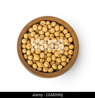 Top view of Soybeans in wooden cup isolated on the white background Stock Photo