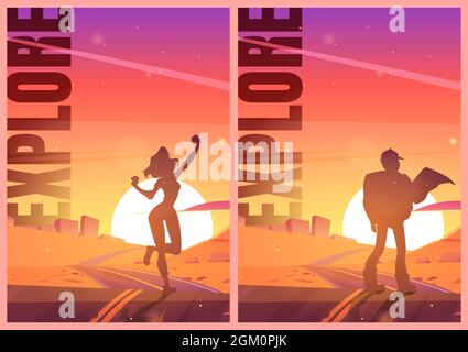 Explore posters with man hiker and girl silhouettes on road in desert. Vector flyers of travel and hiking with cartoon illustration of desert landscape with highway, rocks and tourists at sunset Stock Vector