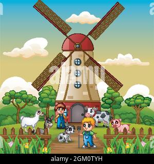 Two boy are working again in front of windmill background Stock Vector
