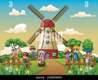 Happy farmer in front of windmill building background Stock Vector