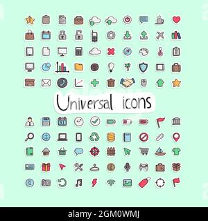 colorful hand drawn universal icon set illustration vector isolated on green background Stock Vector