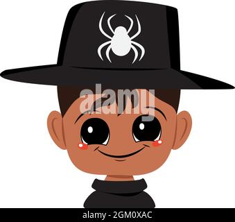 Avatar of an African American or Latin boy with dark skin, big eyes and a wide happy smile wearing a hat with a spider. The head of a child with a joyful face. Halloween party decoration Stock Vector