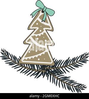Happy New Year gingerbread with fir shaped frosting and a red bow and Christmas tree branch. Festive decorative element for design for Christmas and sweets for the holiday Stock Vector
