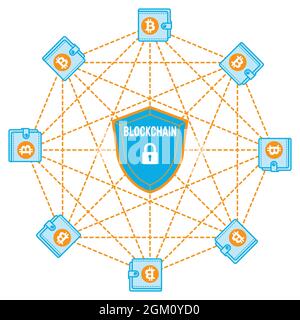 Vector design of Bitcoin network and how secure is the Blockchain algorithm Stock Vector