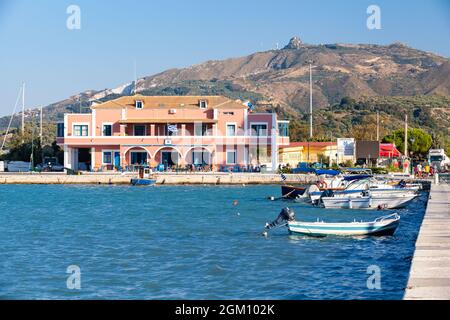 Zakynthos, Greece - August 14, 2016: Zante port view with moored fishing boats Stock Photo