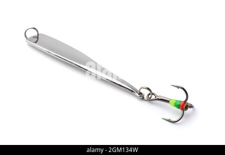 Steel winter ice fishing lure isolated on white Stock Photo