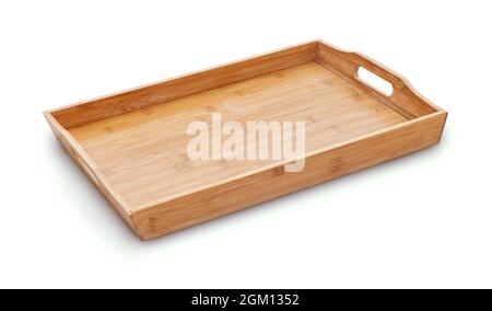 Empty wooden serving tray isolated on white Stock Photo