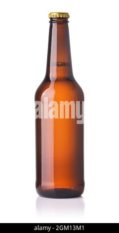 Front view of unlabeled brown glass beer bottle isolated on white Stock Photo