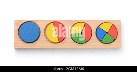 Top view of wooden shape sorter puzzle toy isolated on white Stock Photo