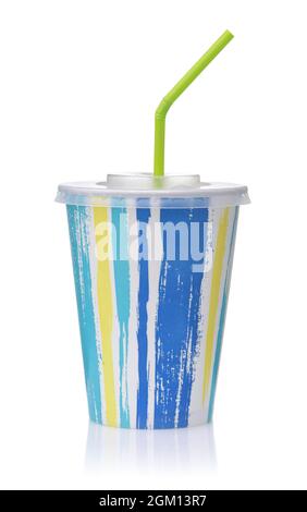 Front view of colorful disposable paper cup with lid and straw isolated on white Stock Photo