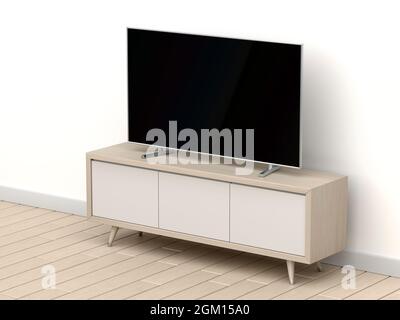 Flat screen tv on modern tv stand in the living room Stock Photo