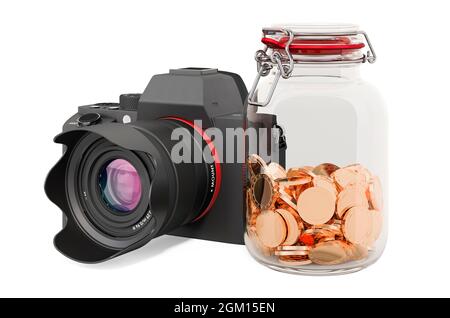 Camera lens with glass jar full of golden coins, 3D rendering isolated ...