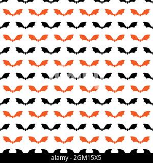 seamless pattern with black and orange bat silhouette on white background. Halloween vector wallpaper. Stock Vector