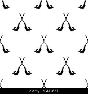 Seamless ornament with crossed brooms. Witch broom pattern. Halloween party wallpaper. Witchcraft and wizardry. Vector illustration isolated on white. Stock Vector